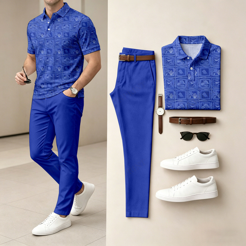 Men's Casual Colorful Diamond-Patterned Short-Sleeve Polo Shirt And Pants Set (Excludes Accessories Such As Watches And Belts)