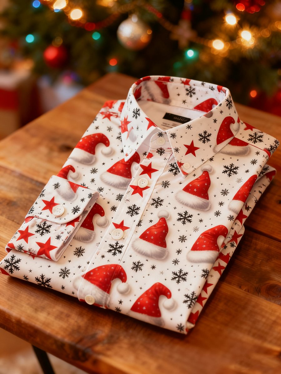 Men's Business Christmas Hat Printed Long Sleeve Shirt