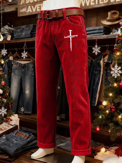 Men's Vintage Faith Cross Design Corduroy Casual Pants