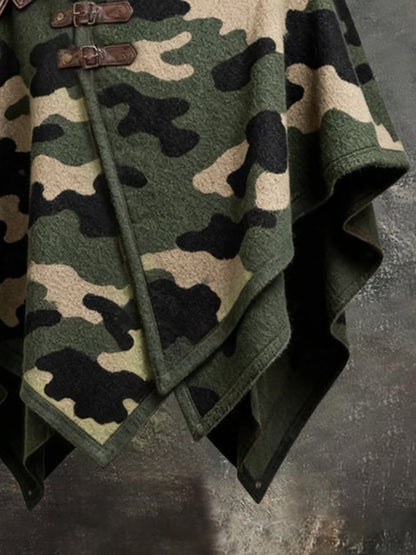 Men's Vintage Camouflage Print & Leather-Panel Wool-Blend Warm Cape/Poncho