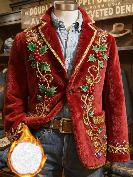 Men's Christmas Holly Plush Collar Suit Jacket