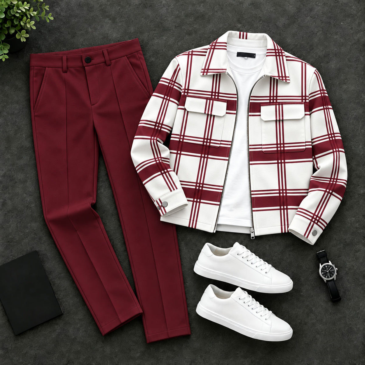Men's Checkered Print Zip-Up Cardigan and Pants Set