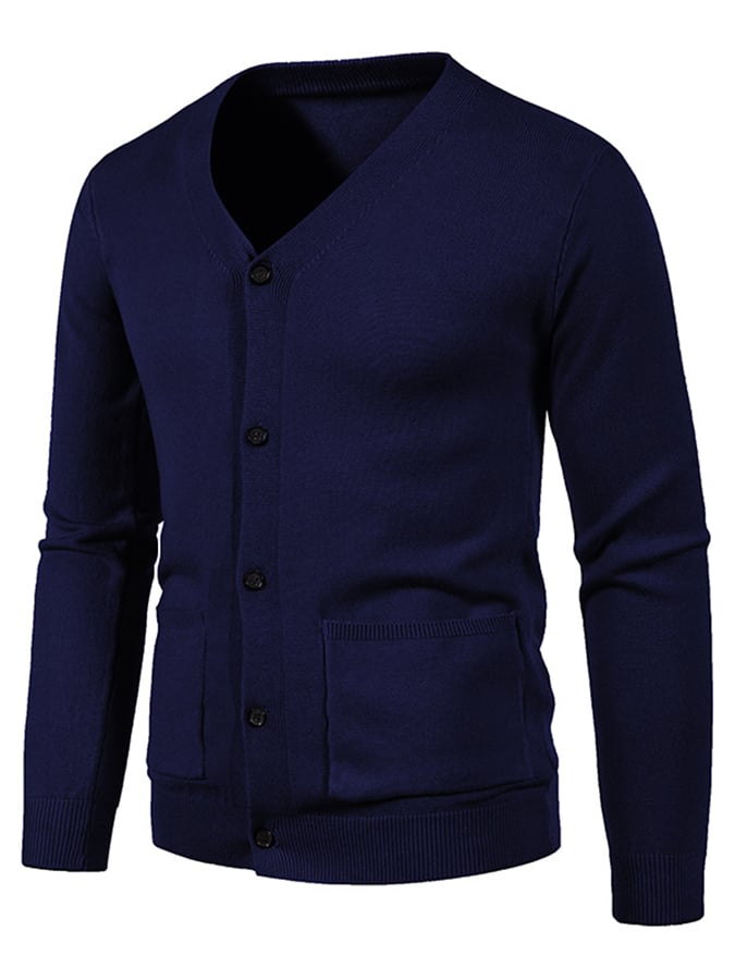Men's Fashionable Pocket Button Design V-Neck Solid Color Sweater Jacket