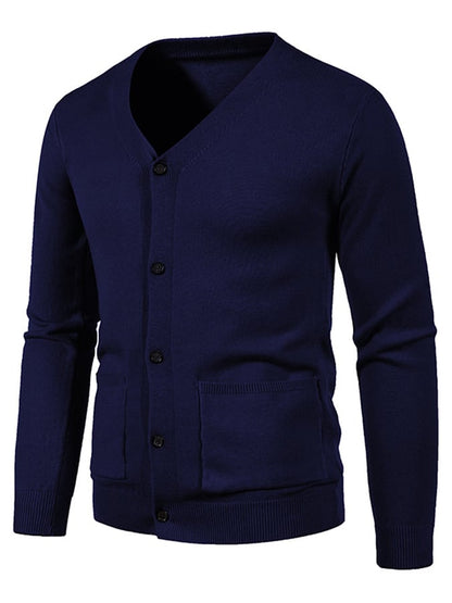 Men's Fashionable Pocket Button Design V-Neck Solid Color Sweater Jacket