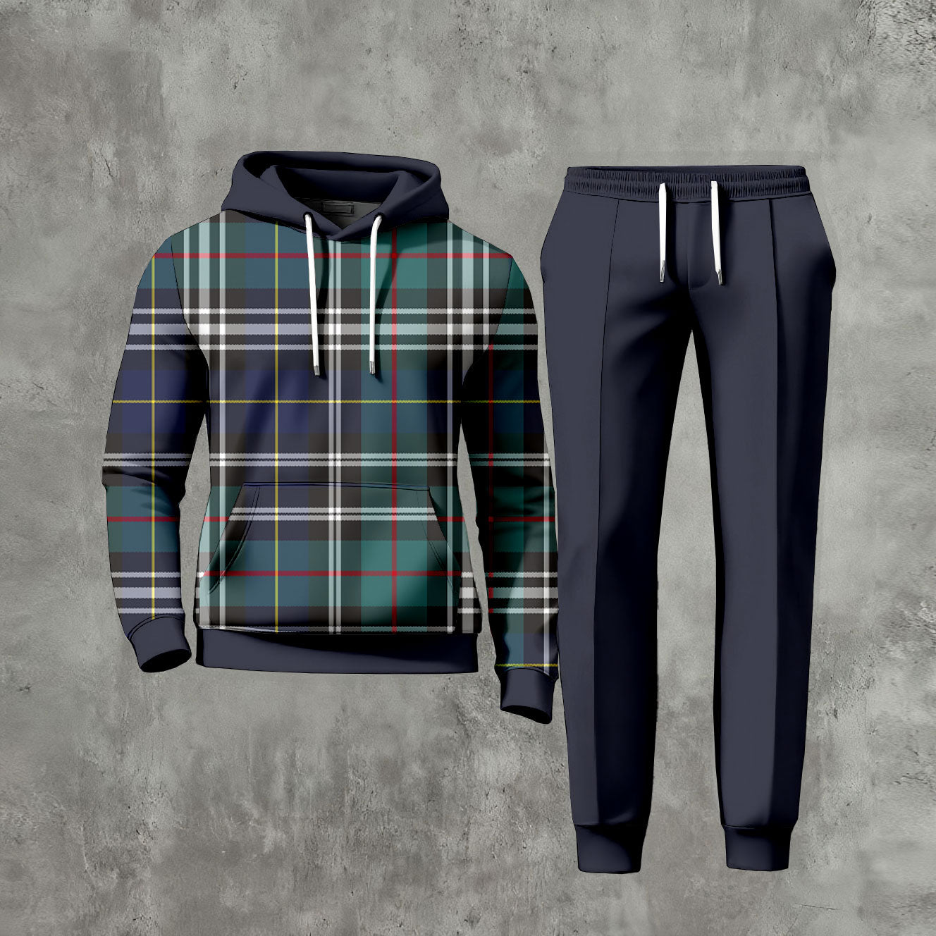 Men's Casual Color Matching Checked Printed Long-Sleeve Hoodies Sweatshirt & Trousers Navy Blue Two-Piece Set