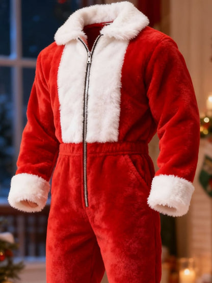 Men's Christmas Plush Warm Color-Blocked Jumpsuit