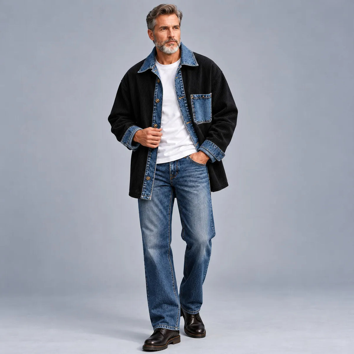 Men's Apricot Corduroy Denim Patchwork Chest Pocket Single Breasted Shirt Jacket