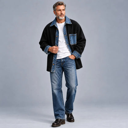 Men's Apricot Corduroy Denim Patchwork Chest Pocket Single Breasted Shirt Jacket
