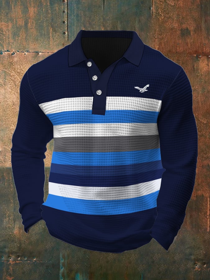 Men's Business Casual Waffle Fabric Long Sleeve Polo Shirt