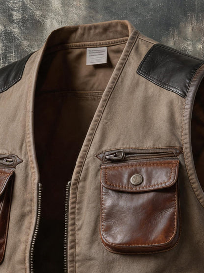 Men's Vintage-Style Outdoor Multi-Pocket Vest with Washed Finish and Leather Trim