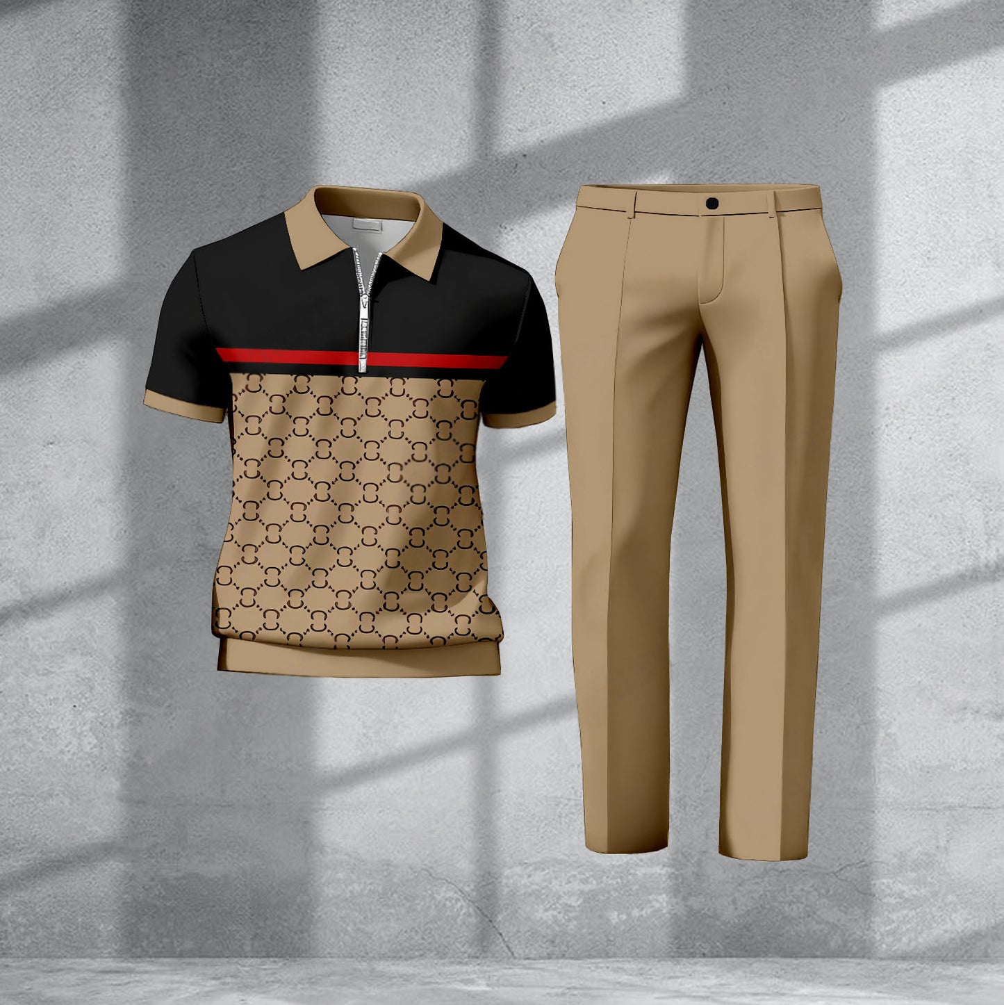 Men's Casual Brown Plaid Printed Polo Short-Sleeve T-Shirt And Pants Two-Piece Set