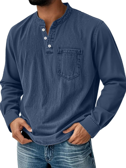 Men's Vintage Basic Distressed Long Sleeve Henley Shirt