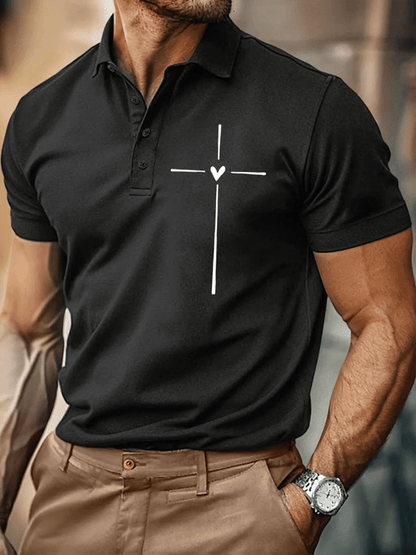 Men's Retro Faith Cross Print Polo Shirt