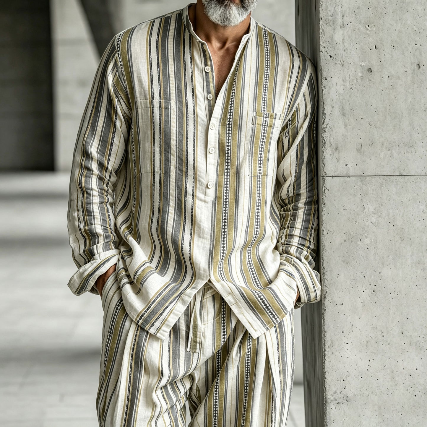 Men's Color-Blocked Stand-Collar Half-Open Henley Shirt and Pants