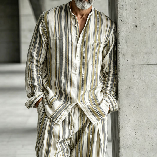 Men's Color-Blocked Stand-Collar Half-Open Henley Shirt and Pants
