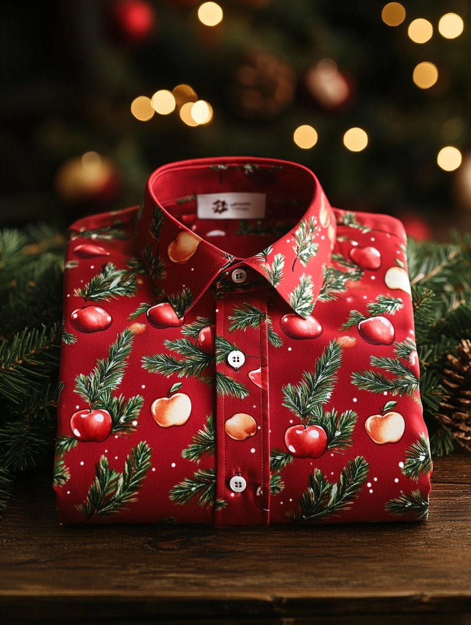 Men's Business Christmas Apple Print Long-Sleeve Shirt