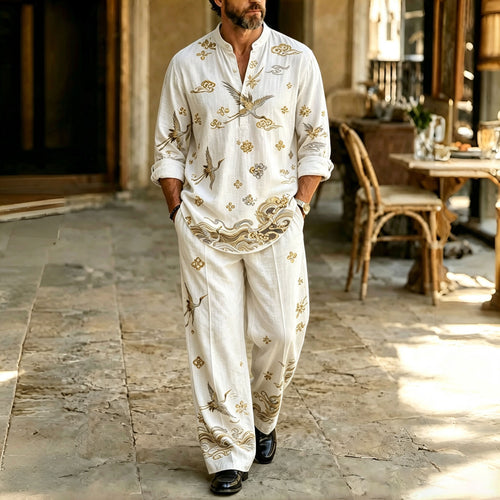 Men's Ethnic-Print Stand-Collar Polo Shirt and Pants Set