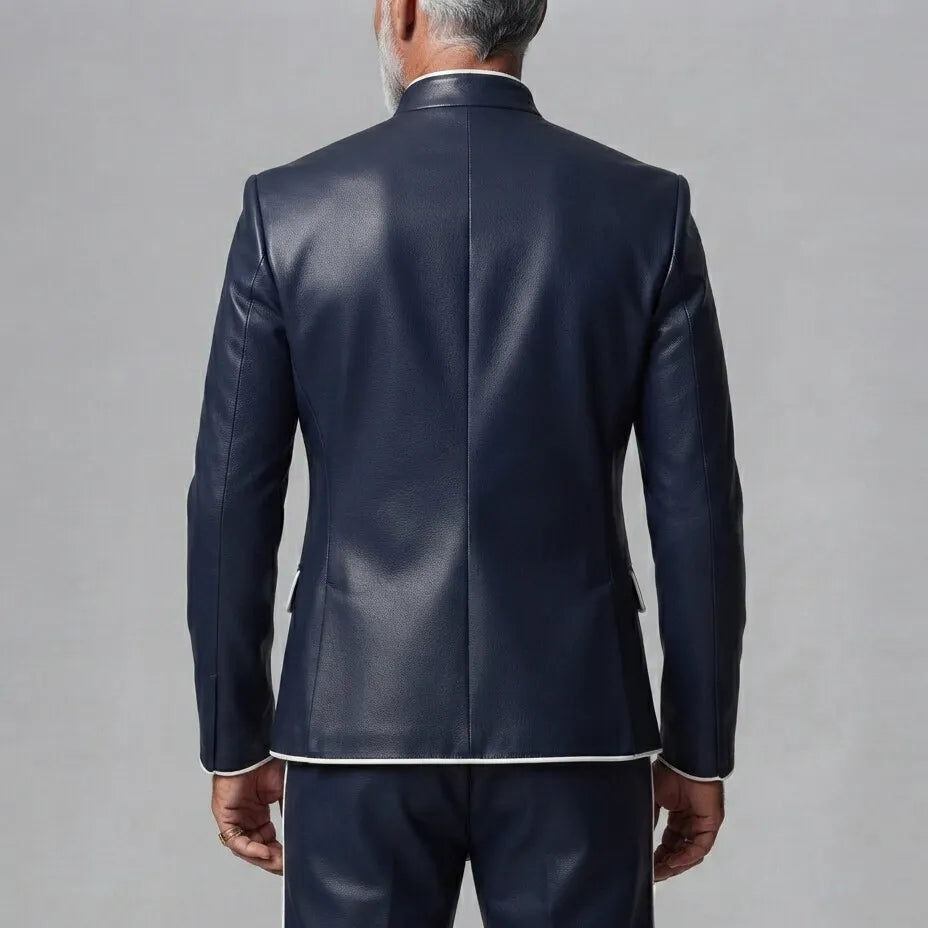 Men's Navy Blue PU Leather Stand Collar Contrast Piping Double-Breasted Jacket