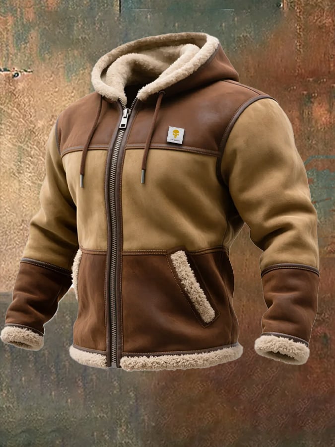 Men's Vintage Suede and Leather Hooded Warm Jacket
