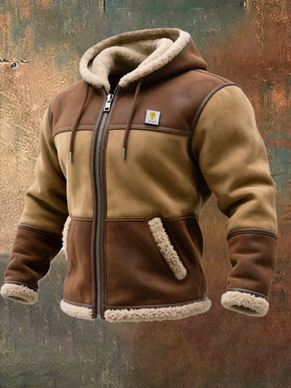 Men's Vintage Suede and Leather Hooded Warm Jacket
