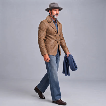 Men's Camel PU Leather Contrast Fuzzy Collar Double Breasted Slim Fit Vintage Blazer