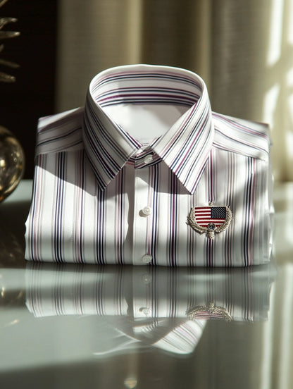Men's Satin Independence Day Business Stripe Casual Short Sleeve Butto