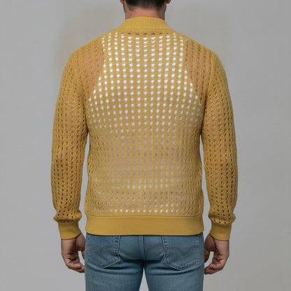 Men's Mustard Yellow Stand Collar Hollow Out Knitted Zip-Up Cardigan