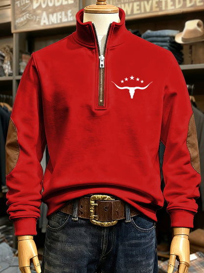 Men's Retro Western Cow Head Print Casual Zipper Sweatshirt