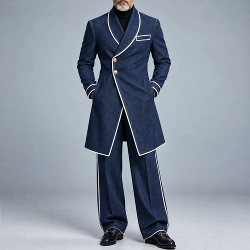 Men's Navy Blue Contrast Piping Shawl Lapel Asymmetrical Overcoat & Pants Denim-Like 2Pcs Set
