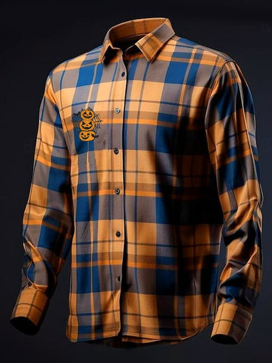 Men's 100% Linen Check Halloween Breathable Comfort Long Sleeve Shirt