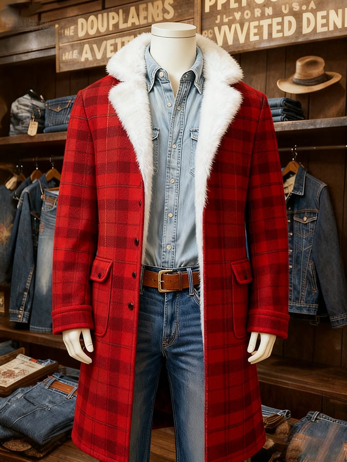 Men's casual Christmas plaid fur collar contrast color coat