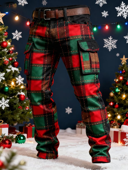 Men's plaid pocket Christmas cargo pants