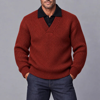 Men's Casual Solid Color Ribbed Knit Polo Collar Thick 2 in1 Pullover Sweater