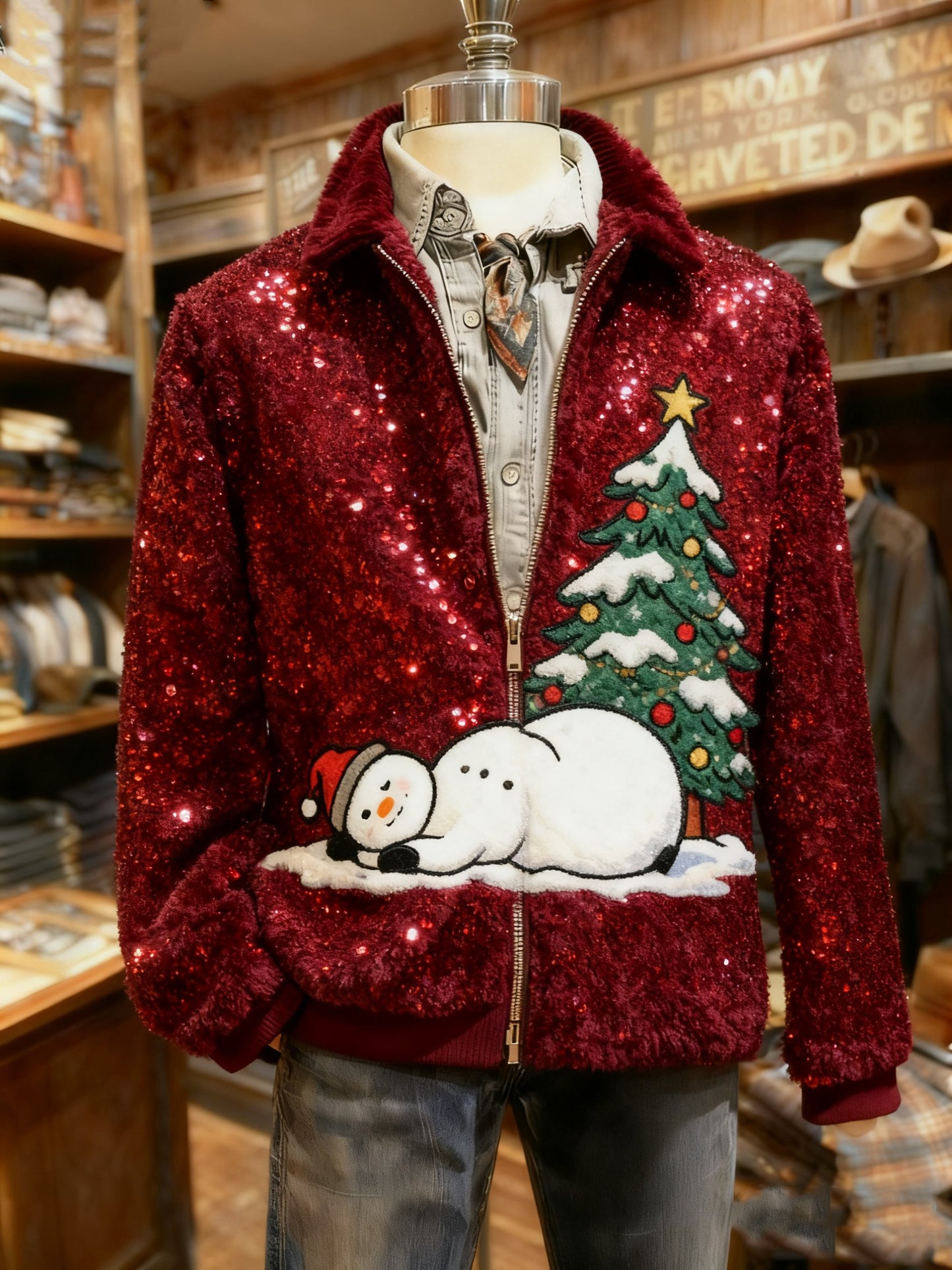 Men's Vintage Christmas Tree Casual Sherpa Fleece Snowman Jacket