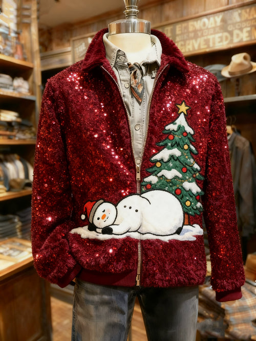 Men's Vintage Christmas Tree Casual Sherpa Fleece Snowman Jacket