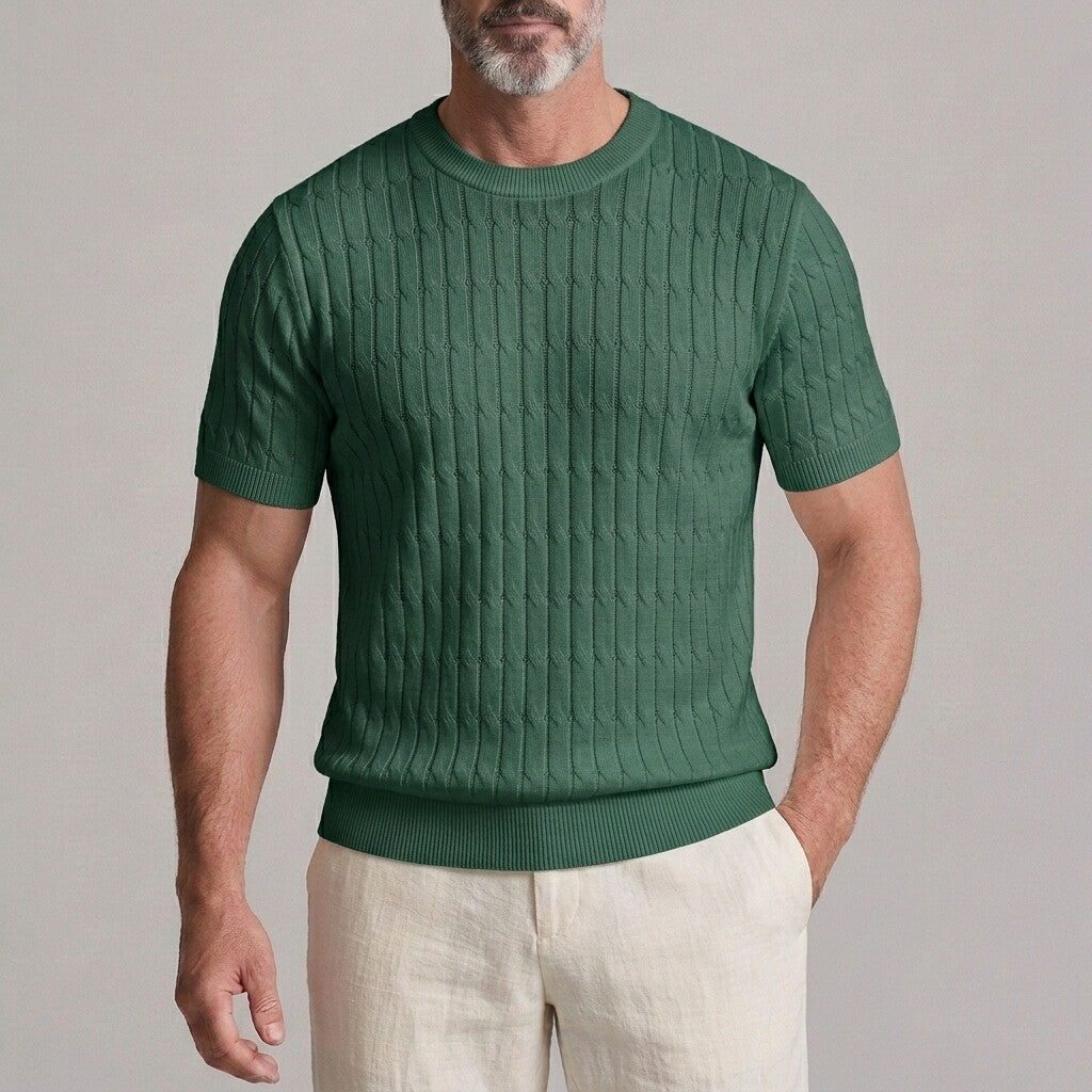 Men's Solid Color Ribbed Crew Neck Cable Knit Slim Fit T-Shirt