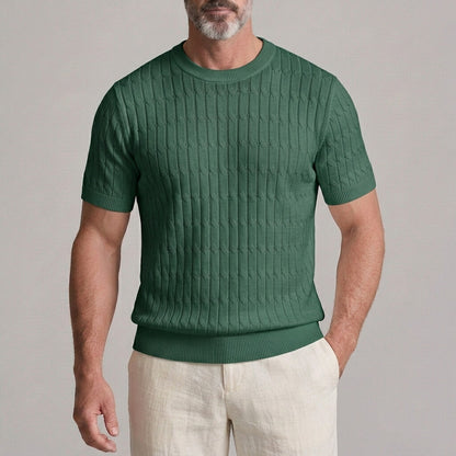Men's Solid Color Ribbed Crew Neck Cable Knit Slim Fit T-Shirt