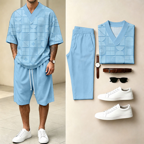 Men's Casual Geometric Print V-Neck Short-Sleeve T-Shirt And Shorts Two-Piece Set