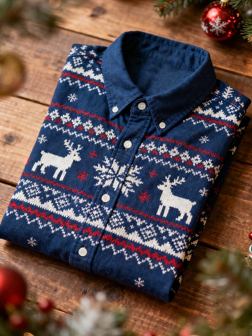 Men's  Christmas Long Sleeve Button-Down Shirt
