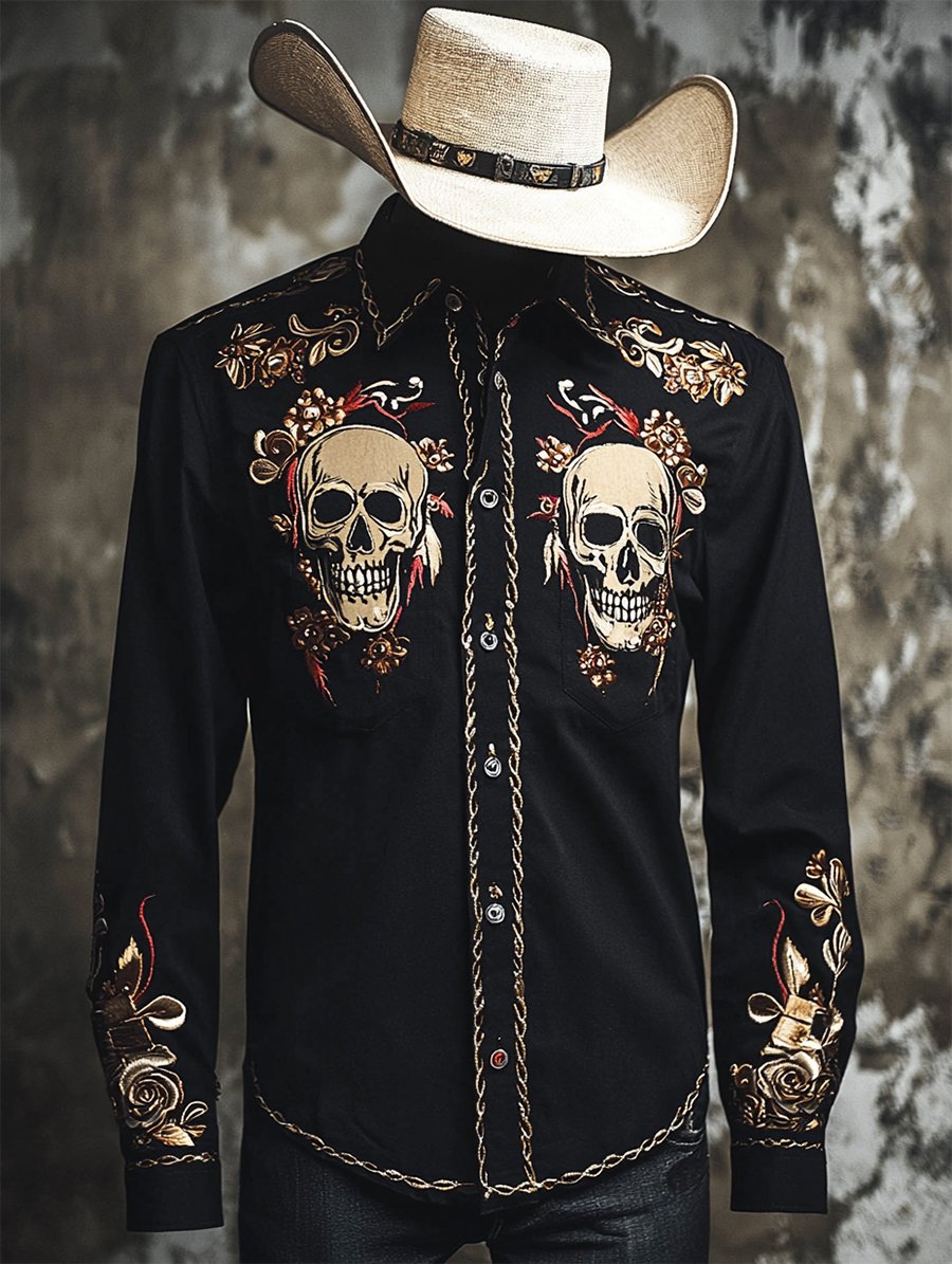 Men's Retro Casual Skull Print Long Sleeve Shirt