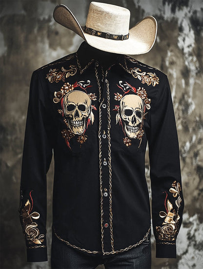 Men's Retro Casual Skull Print Long Sleeve Shirt