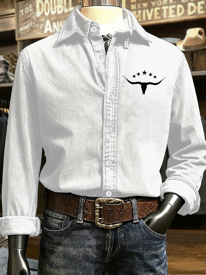 Men's Retro Western Cow Head Design Printed Long Sleeve Casual Shirt