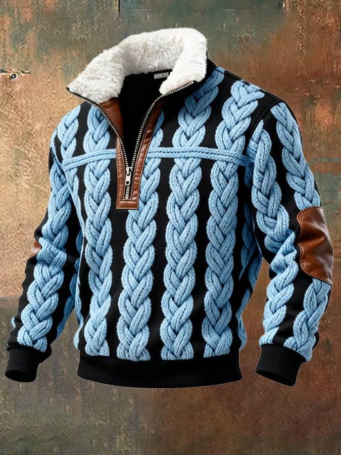Men's Retro Color Block Print Casual Fur Collar Sweatshirt