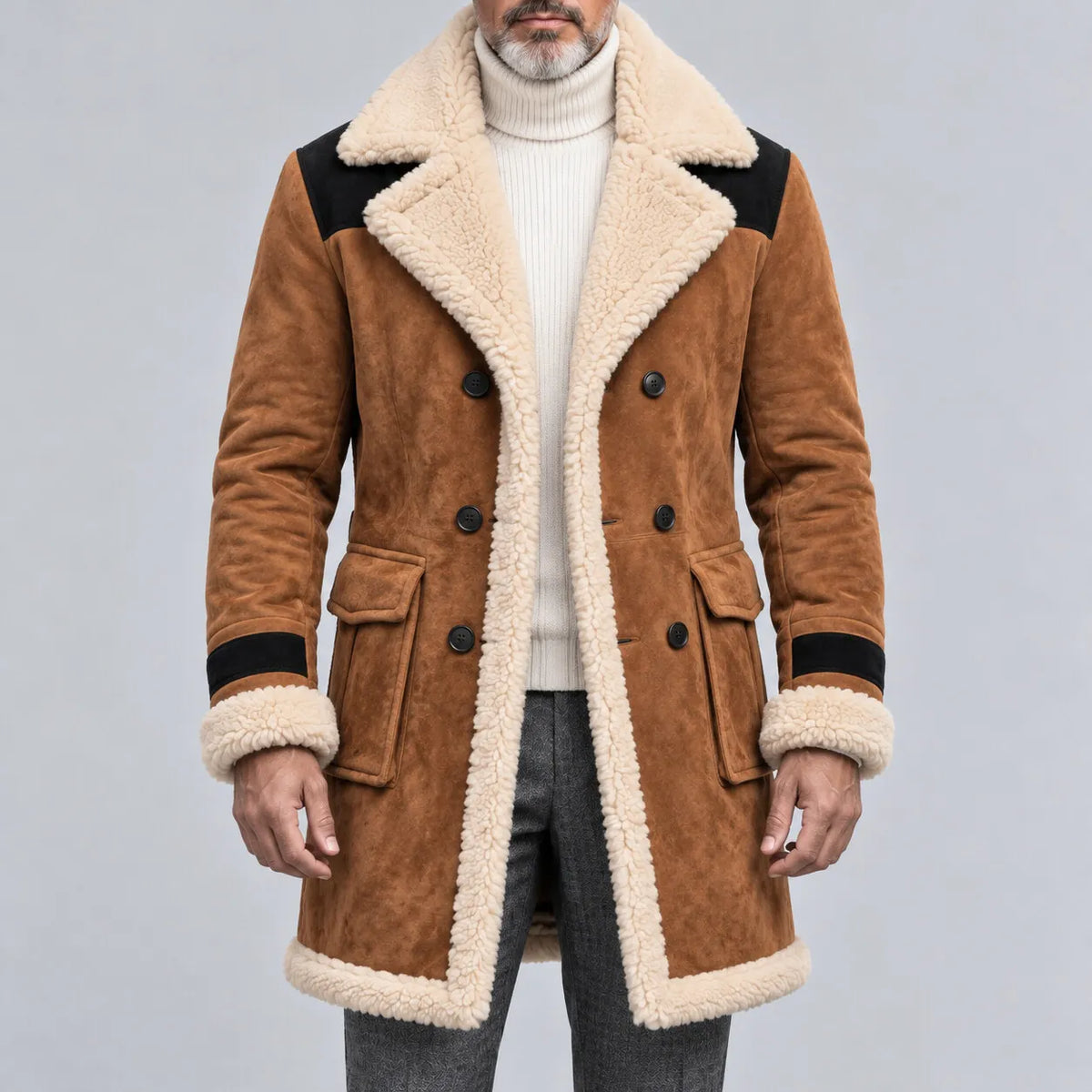 Men's Suede Contrast Color Sherpa Lined Lapel Collar Flap Pocket Double-Breasted Trench Coat
