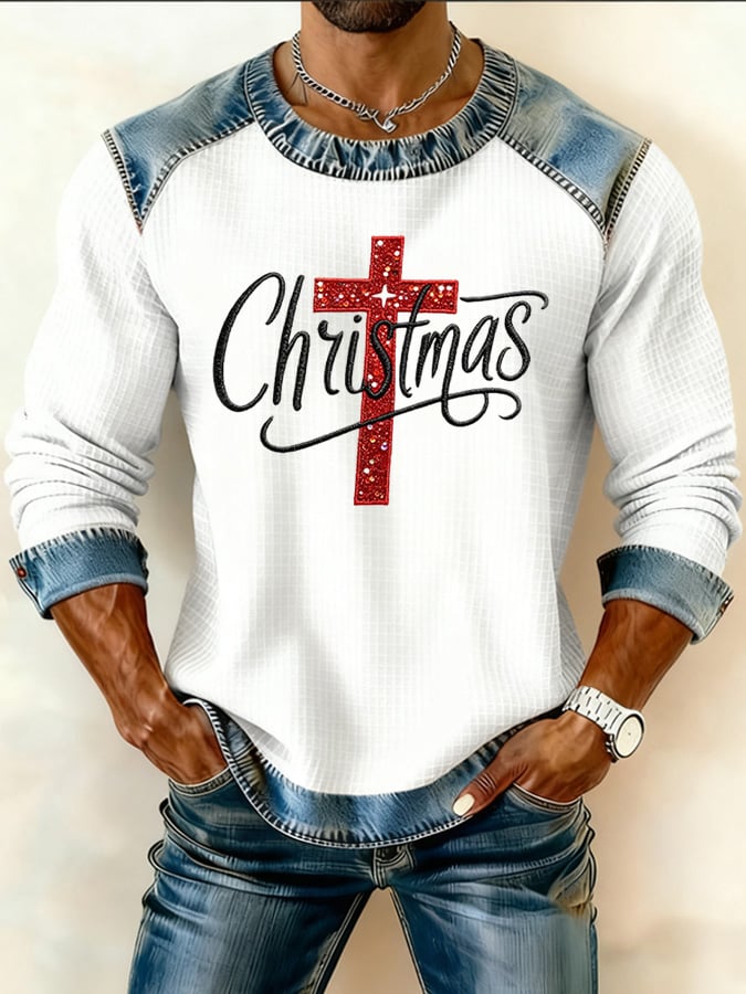 Men's Retro Faith Christmas Print Crew Neck Pullover