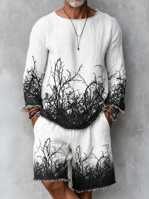 Men's Retro Abstract Print Casual Linen Long-sleeved Top And Shorts Two-piece Se