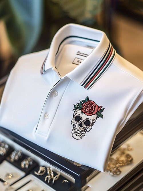 Men's Business Casual Skull Print Button-Down Polo Shirt