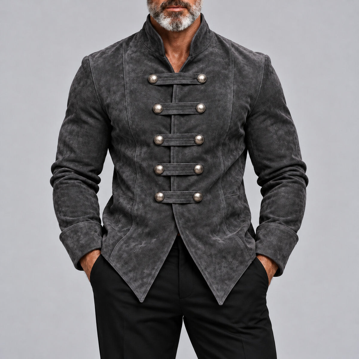 Men's Burgundy Suede Stand Collar Metal Button Slim Fit Vintage Hussar Jacket