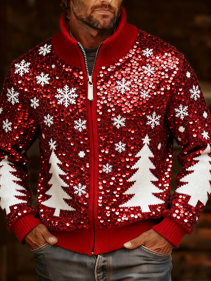 Men's Vintage Christmas Art Design Printed Knitted Jacquard Zip Comfort Jacket