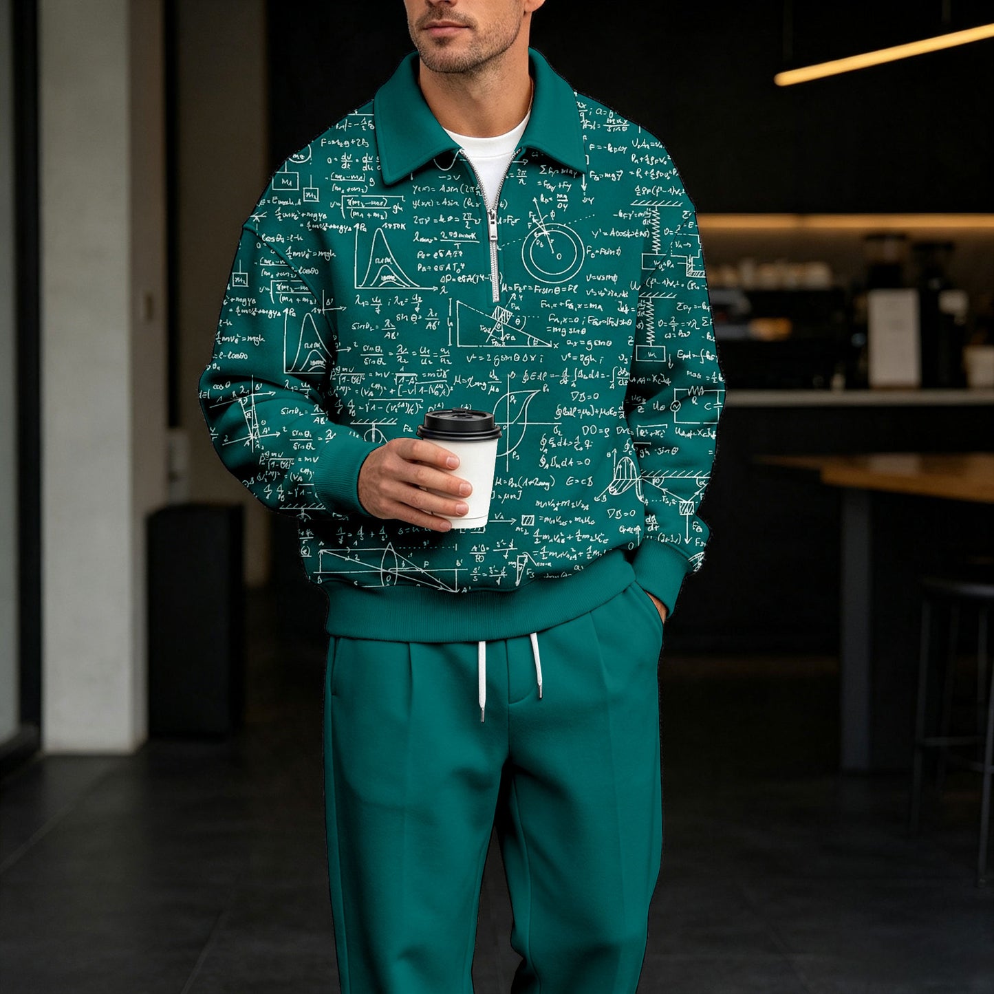 Men's Graphic Print Zipper Polo Shirt and Pants Set